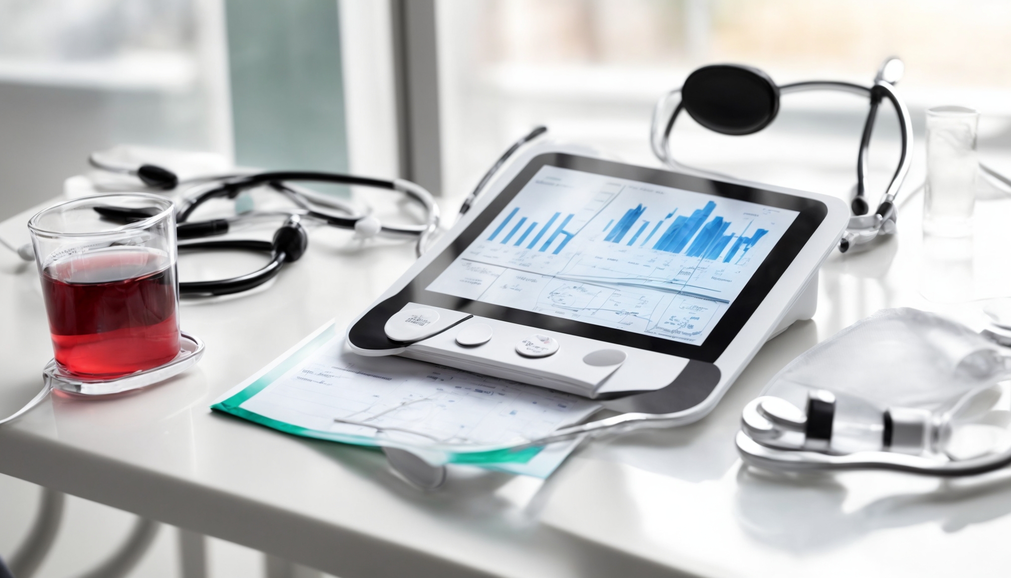 Modern patient education setup with digital health analytics tablet and medical tools on a clean clinical desk