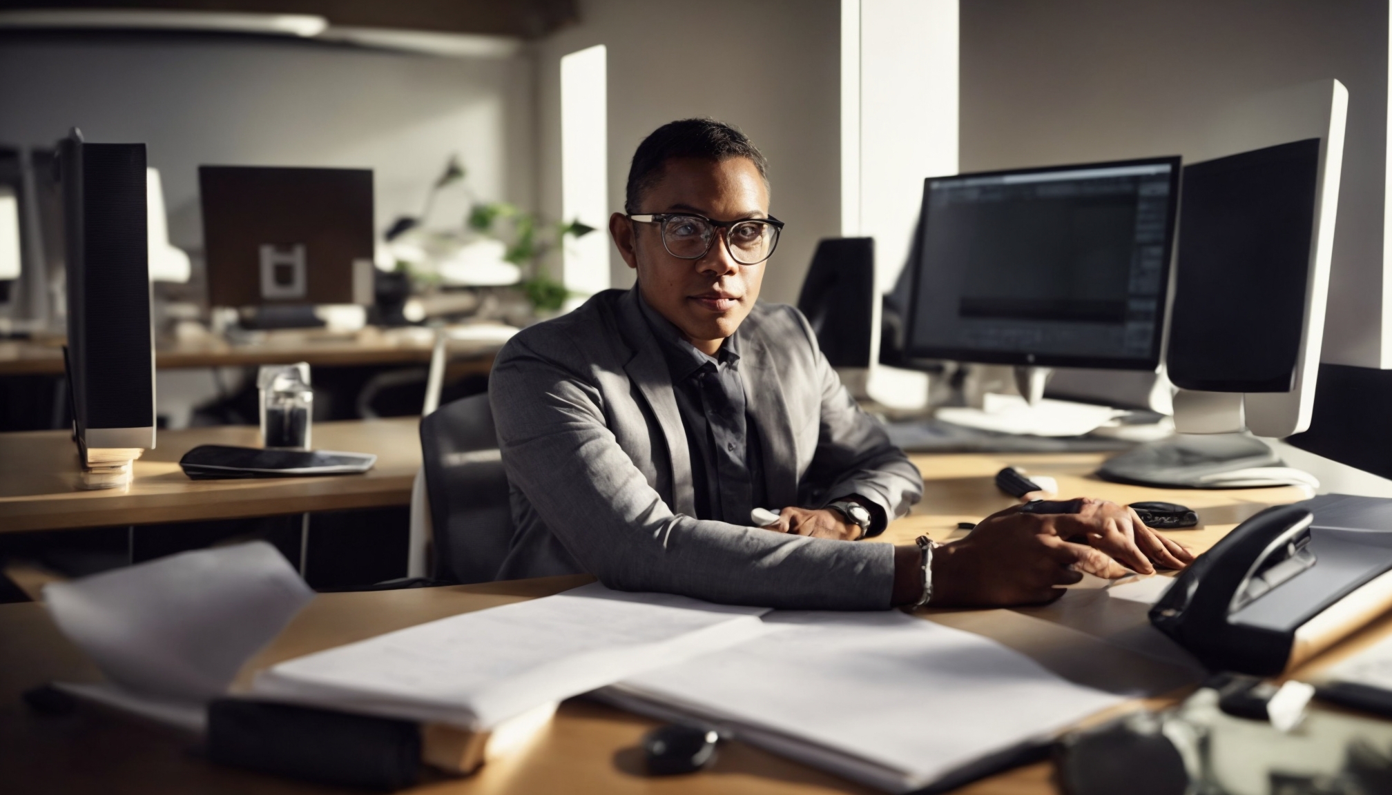 Person behind desk with smart devices showing secret technology innovations