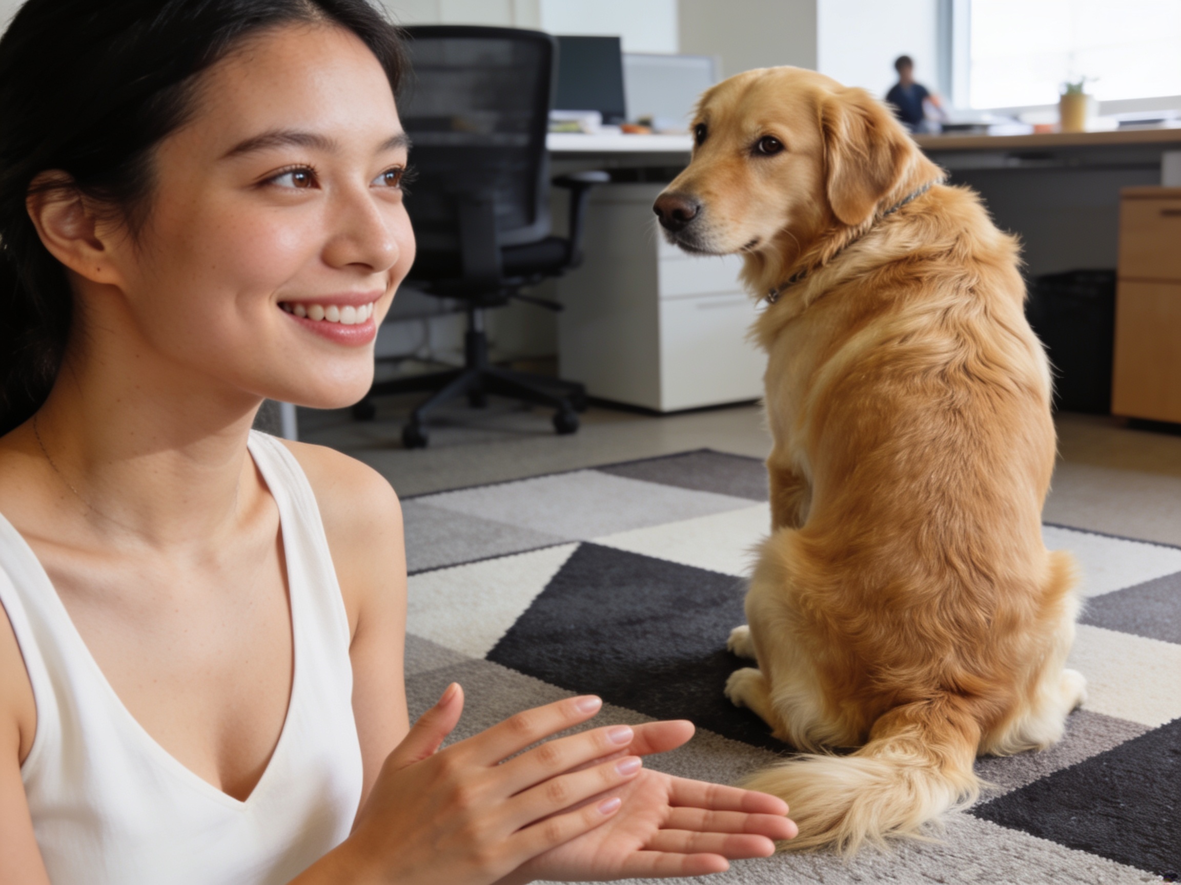 Woman smiling at her dog in a bright office setting