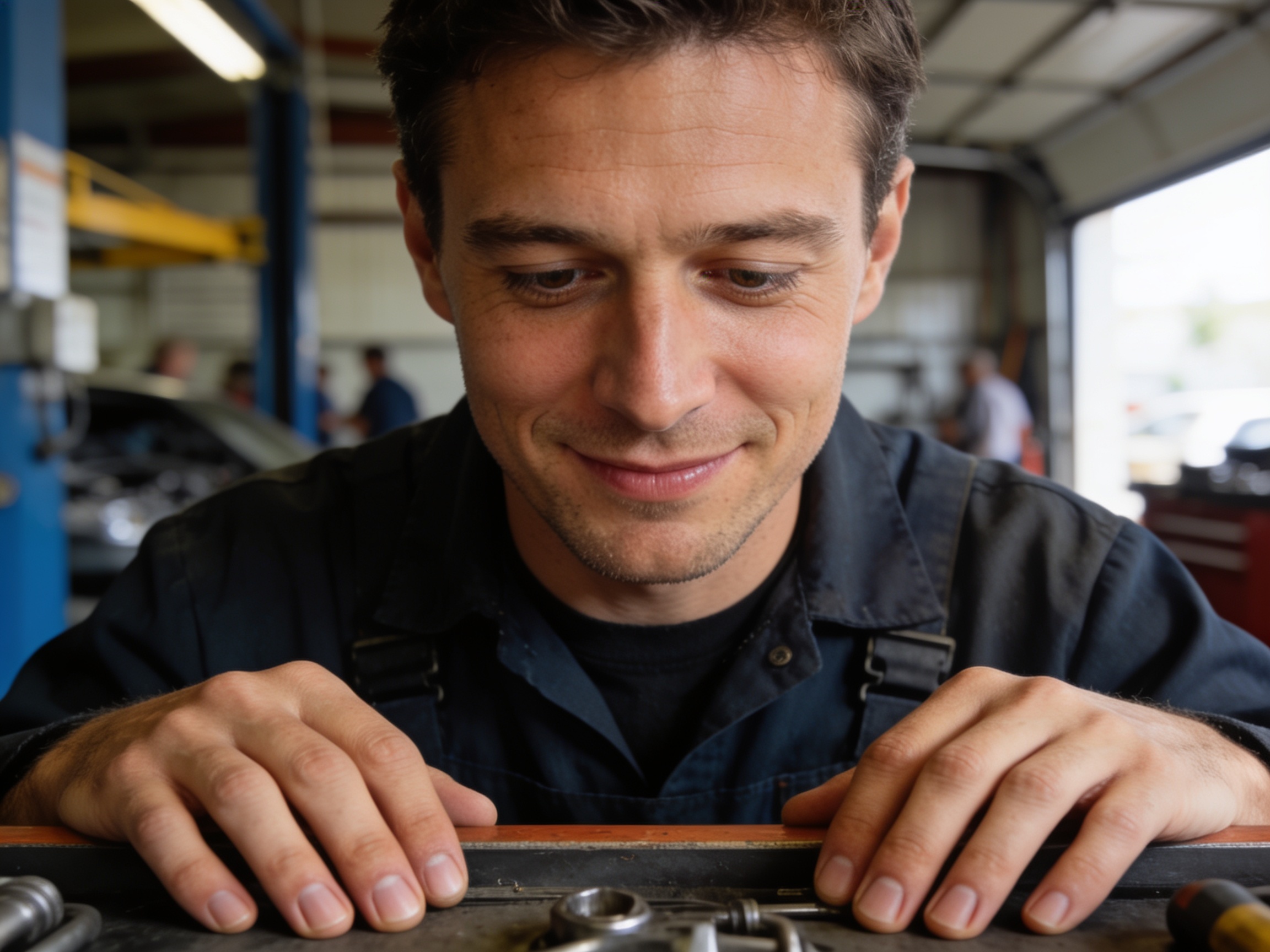 Mechanic examining vintage car parts in a classic garage