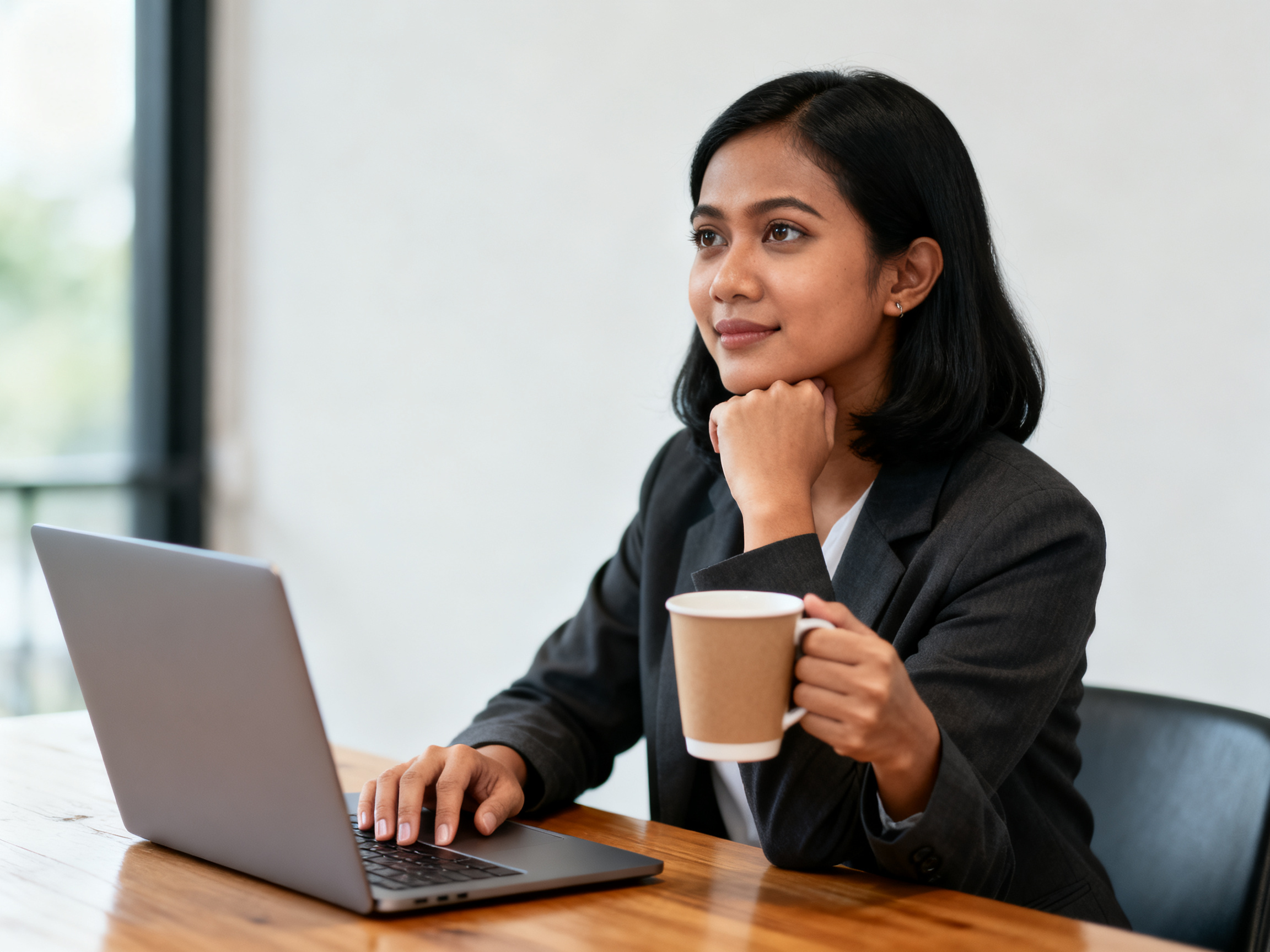 Indonesian woman analyzing viral internet lifestyle trends on laptop with coffee